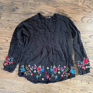 Johnny Was - Black Embroidered Boho Top Blouse Tunic Sz L